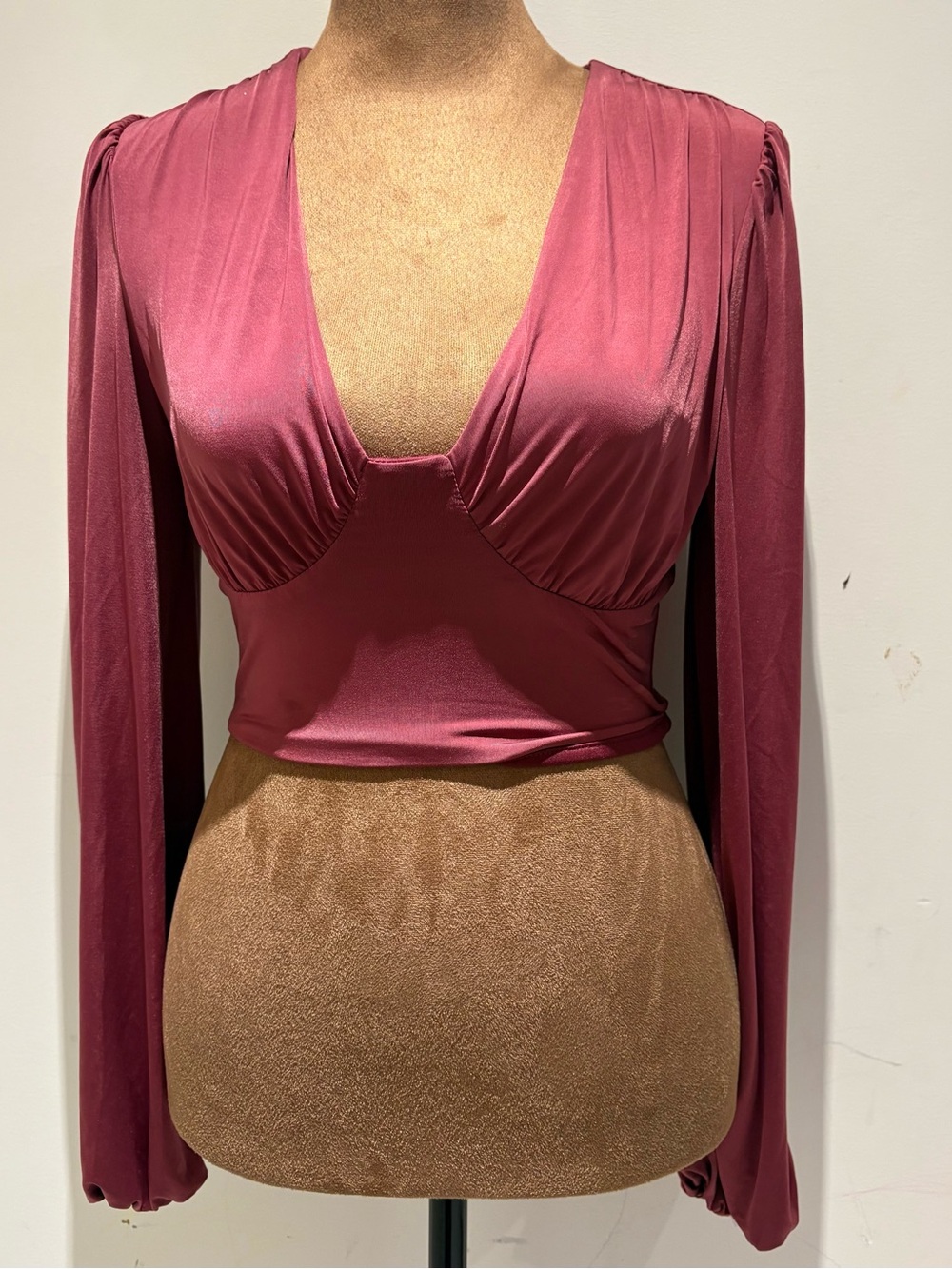 Deep Rose Long Sleeve V-Neck Satin Crop Top